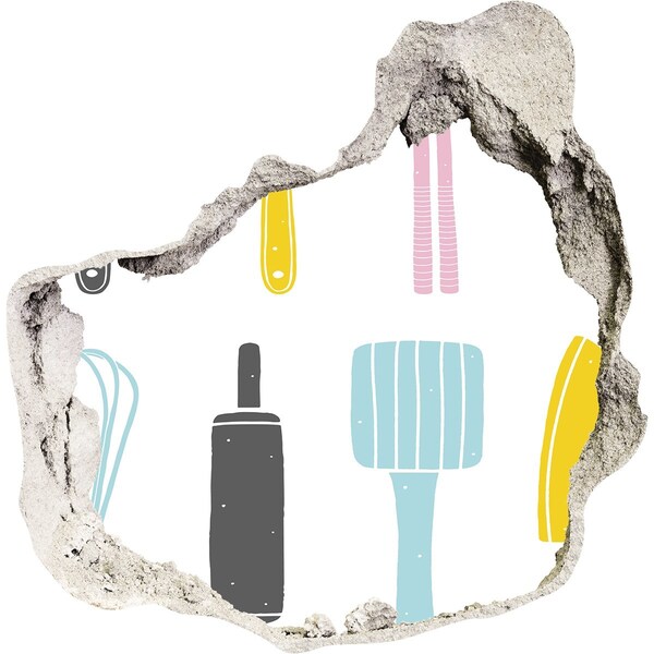 3d fali matrica lyuk a falban Konyhai eszközök egy lyukban a falban