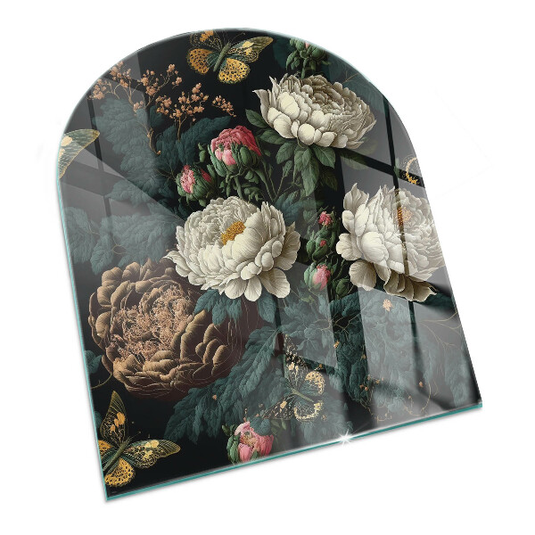 Félovális kandalló üveg alátét Virágmotívum pillangókkal