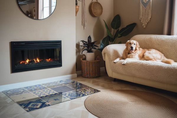 Téglalap alakú kandalló üveg alátét Kerámia minták a háttérben