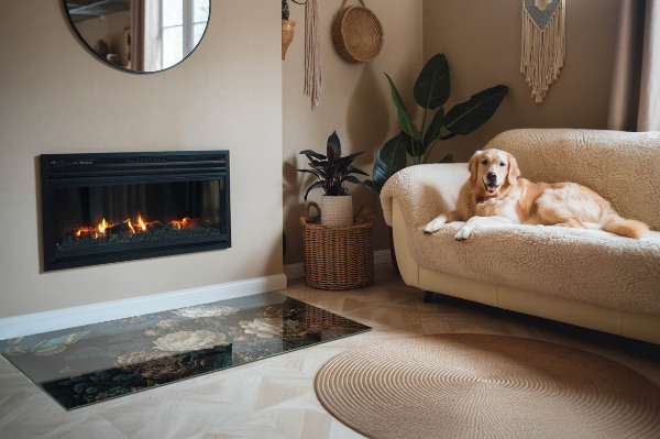 Téglalap alakú kandalló üveg alátét Virágmotívum pillangókkal