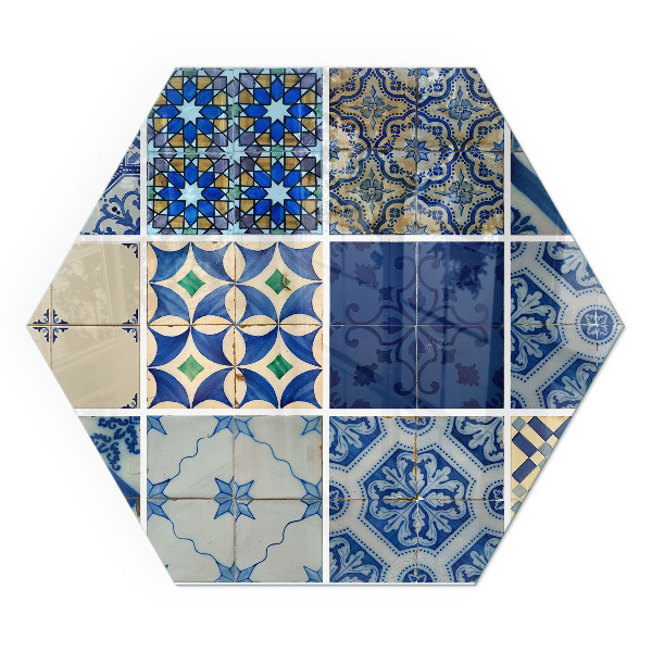 Hatszögletű kandalló üveg alátét Kerámia minták a háttérben