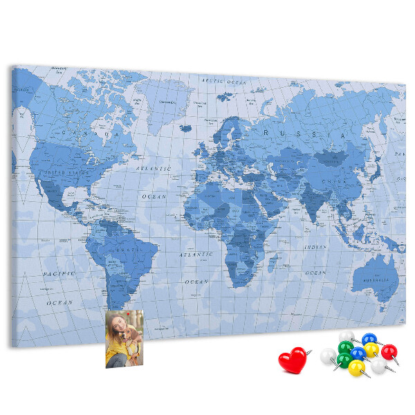 Színes parafatábla Világtérkép kék árnyalatokban.