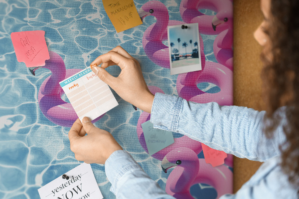 Színes parafatábla Rózsaszín flamingók a kék víz ellen