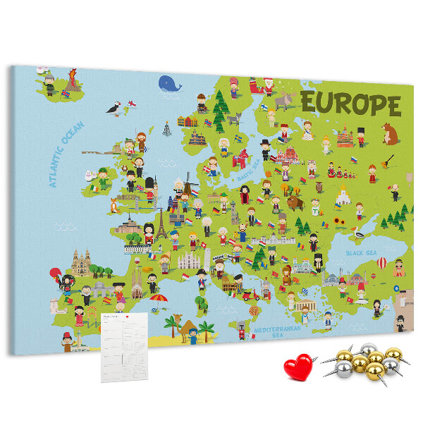 Nagy parafatábla Európa színes térképe kulturális ikonokkal