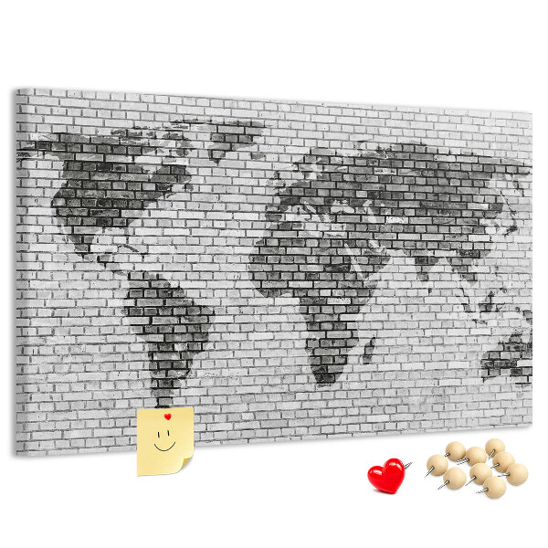 Színes parafatábla Világtérkép egy téglafalon