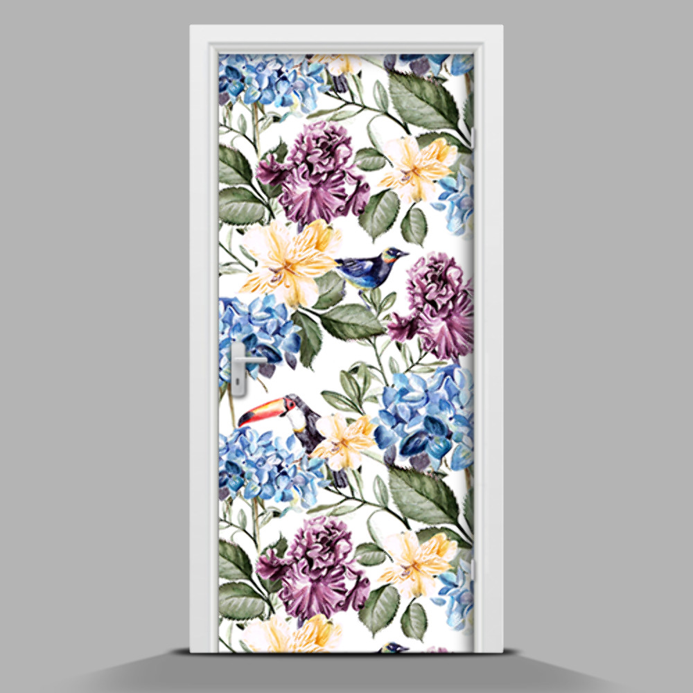 Fotótapéta ajtóra Színes virágok és tukán